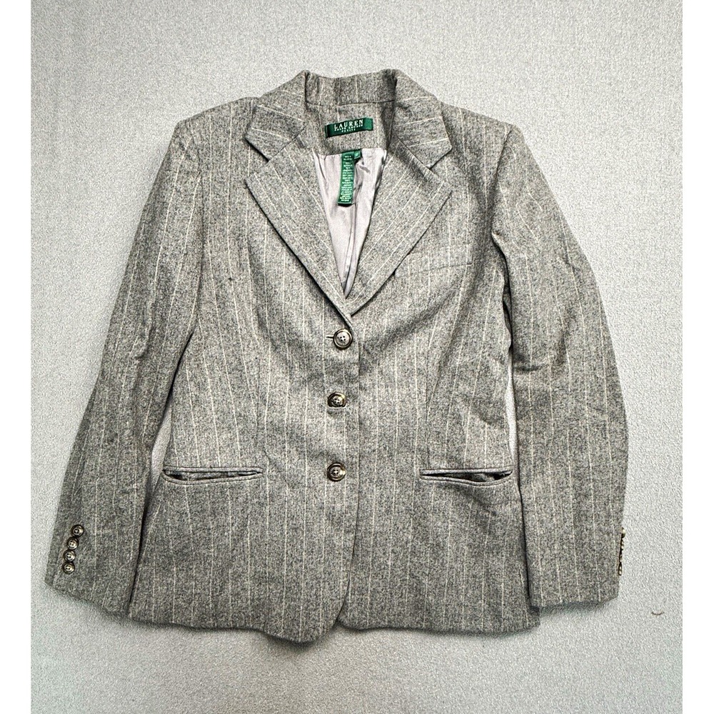 Lauren Ralph Lauren Petite 6P Gray Pinstripe Lambswool 3-Button Blazer